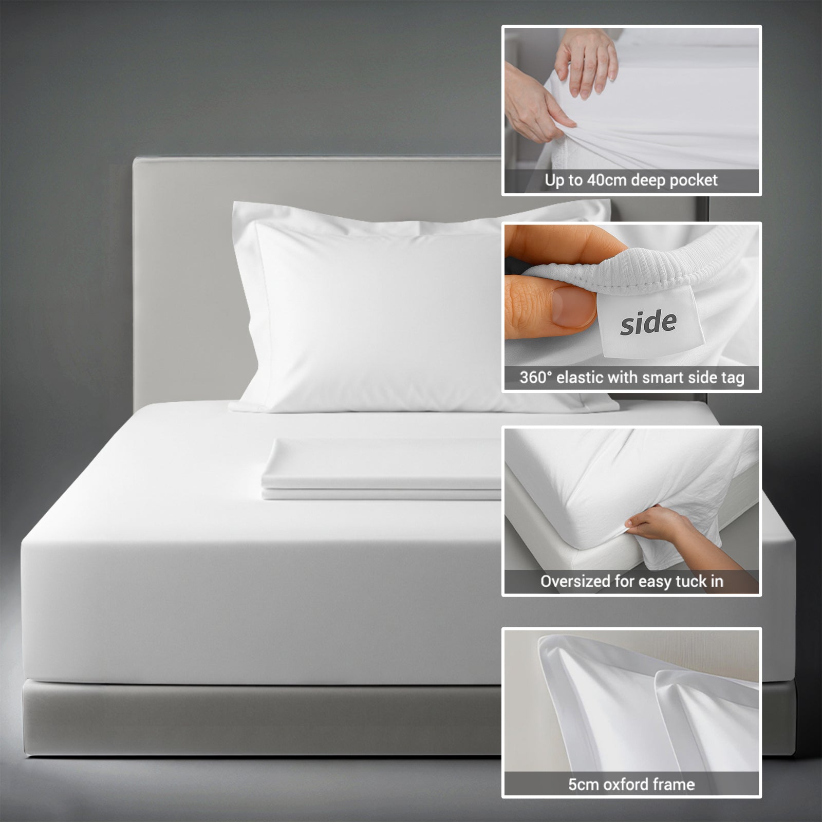 400 thread count bed sheet set single size white cotton 3 piece with 40cm deep pockets and SmartSide tag