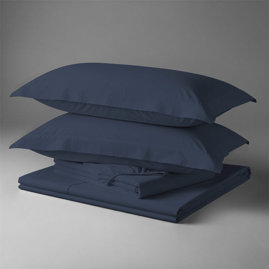 Pizuna Linens folded dark blue cotton bed sheet set 400 thread count double size 4 piece smooth and breathable