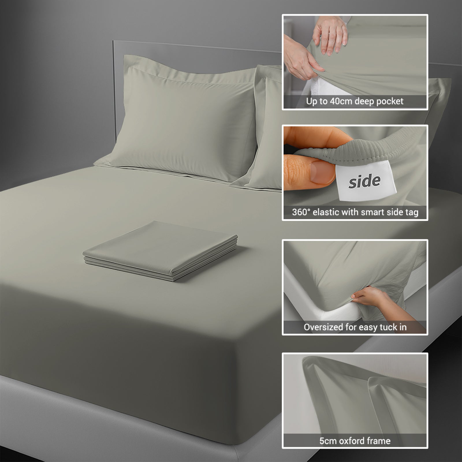 400 thread count bed sheet set king size silver cotton 4 piece with 40cm deep pockets and SmartSide tag