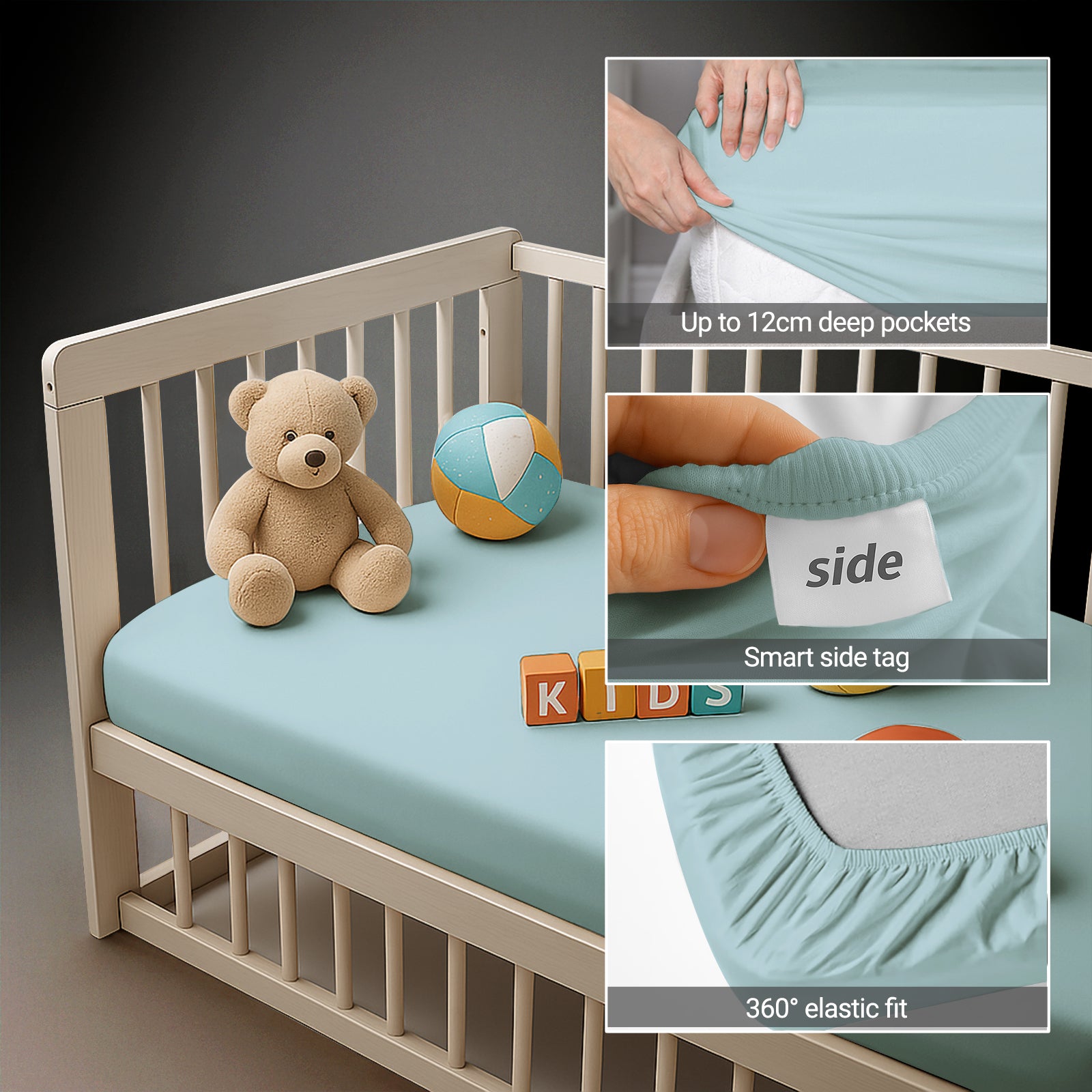 Cotton Crib fitted sheet Baby Blue 40x90 cm 1 piece 12 cm deep pocket Smart Side tag 360 elastic fit