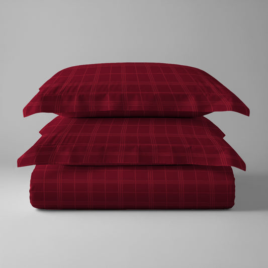 Folded Pizuna 100 percent cotton red checks 3 piece duvet cover set super king 300 thread count damask bedding