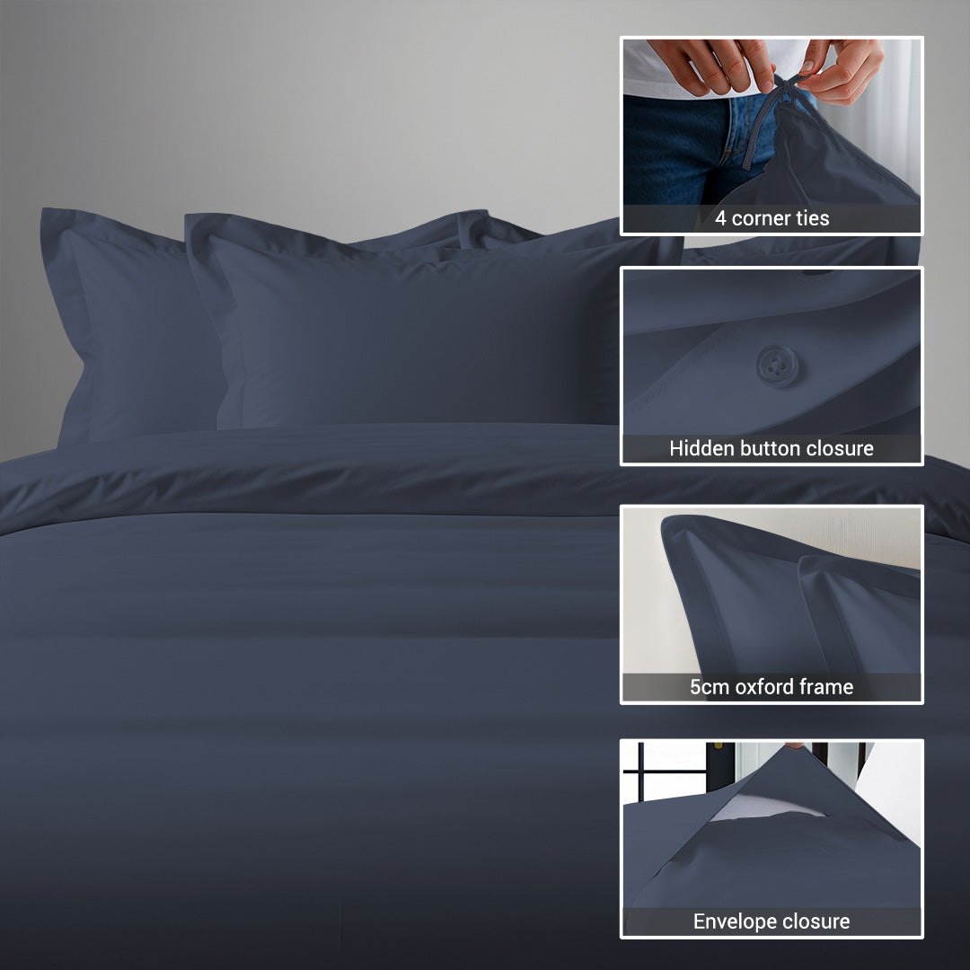 Dark blue single cotton percale duvet cover 2 piece with hidden button closure and 4 corner ties