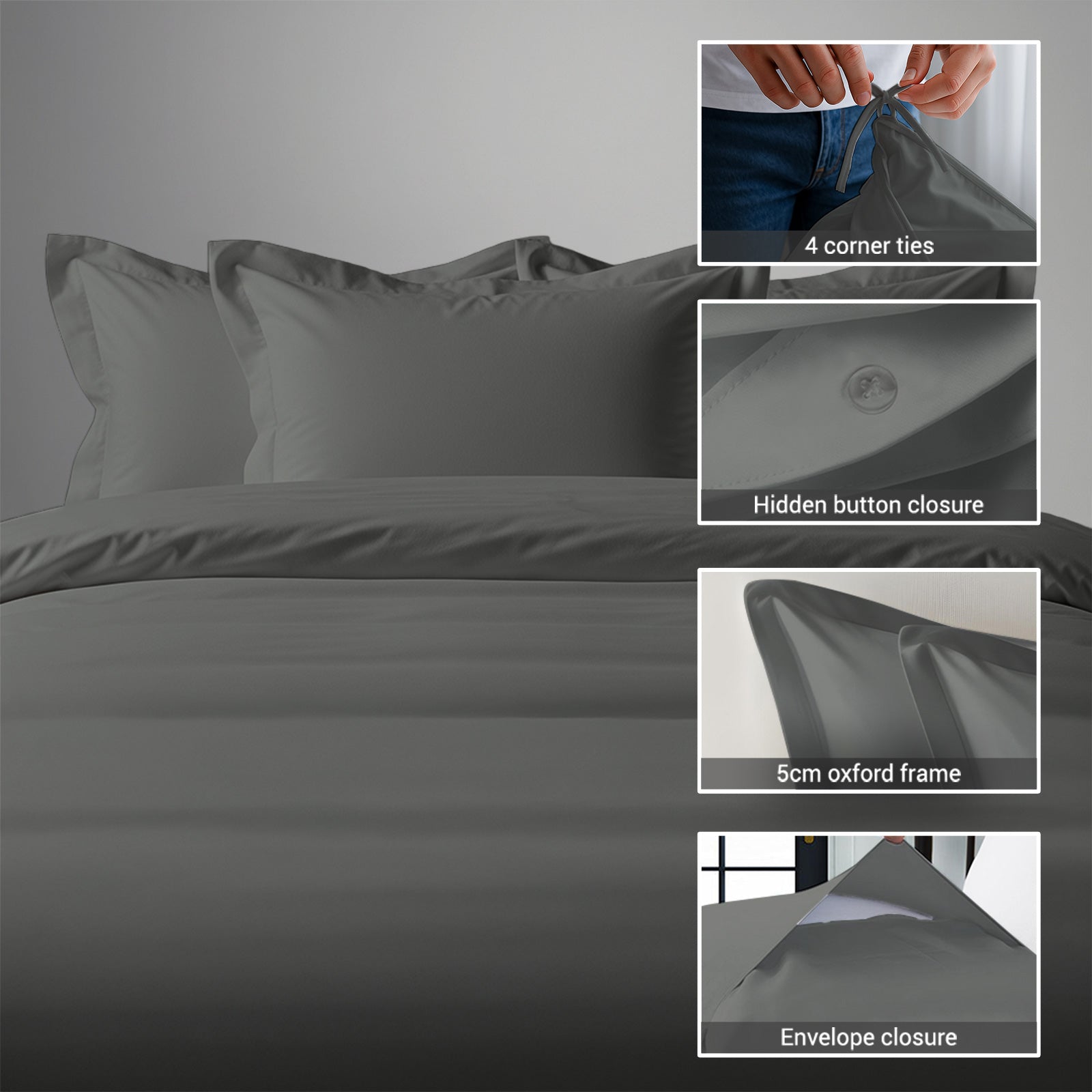 Dark grey single size 400 thread count cotton duvet cover with hidden button closure corner ties and Oxford pillowcase