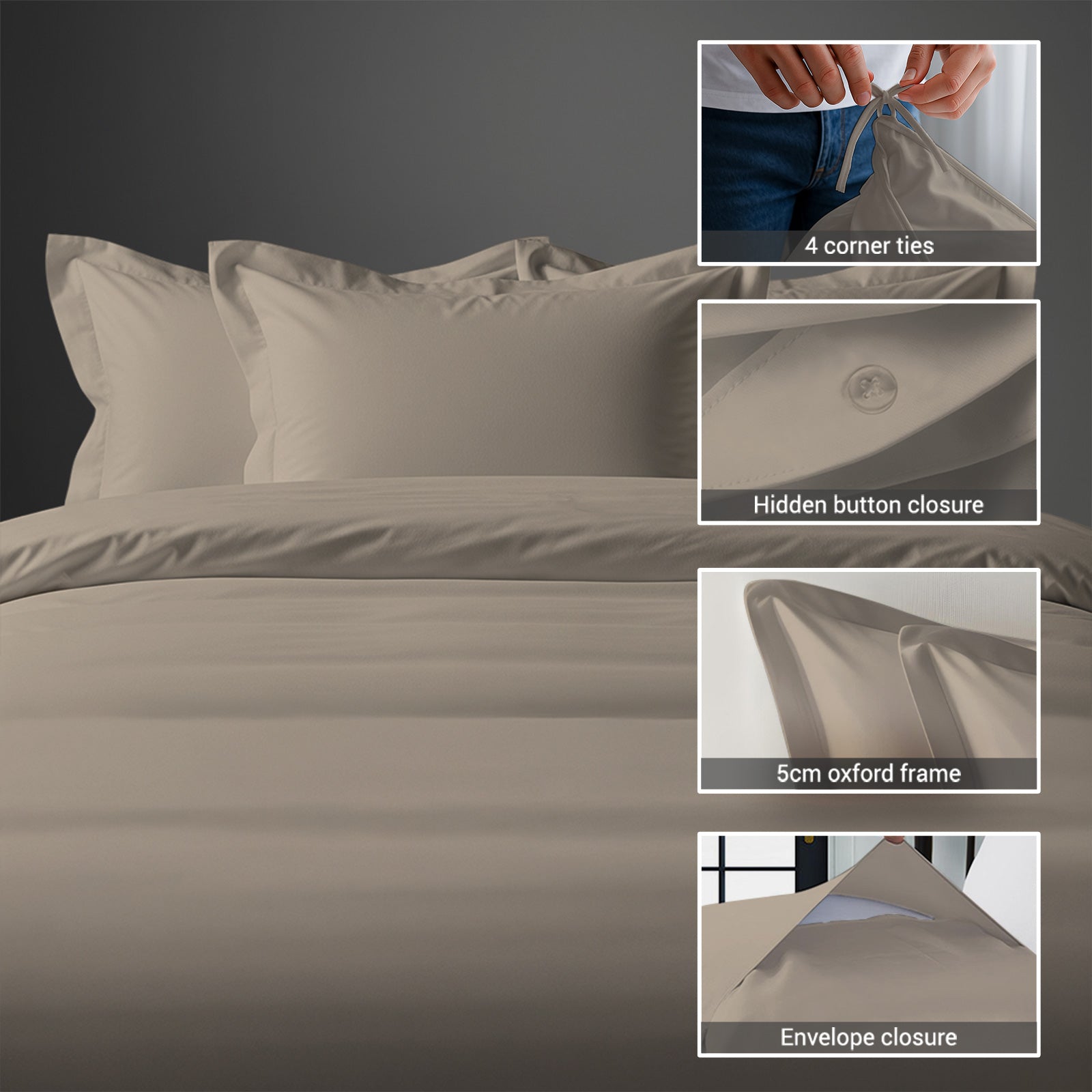 3 piece 600 thread count simply taupe cotton duvet cover emperor size with hidden button closure and 4 corner tie