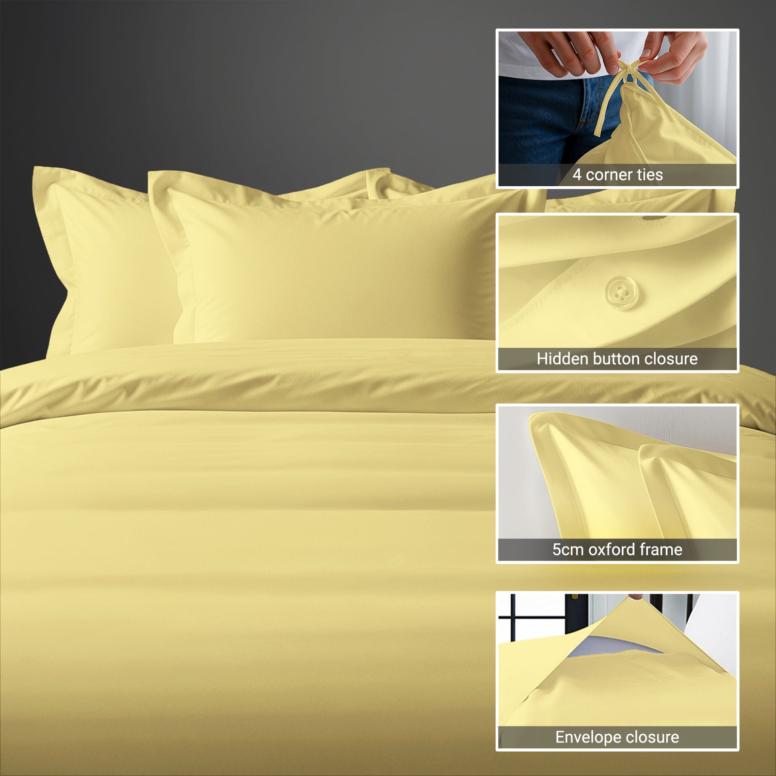 800 thread count 3 piece Mellow Yellow emperor duvet cover with hidden button closure and 4 corner ties plus oxford pillowcases
