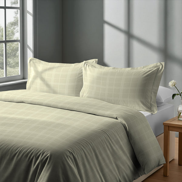 Bedroom with 3 piece cream checks damask 300 thread count duvet cover and matching pillowcases super king size