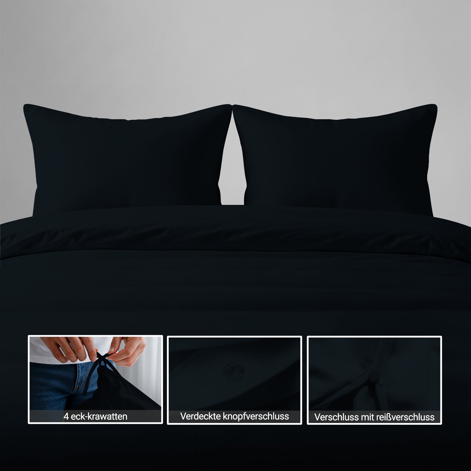Luxus Bettbezug-Set mit 800 Fadenzahl aus 100% Baumwolle - DE - 200x210 + 2 x 65x65 - Black