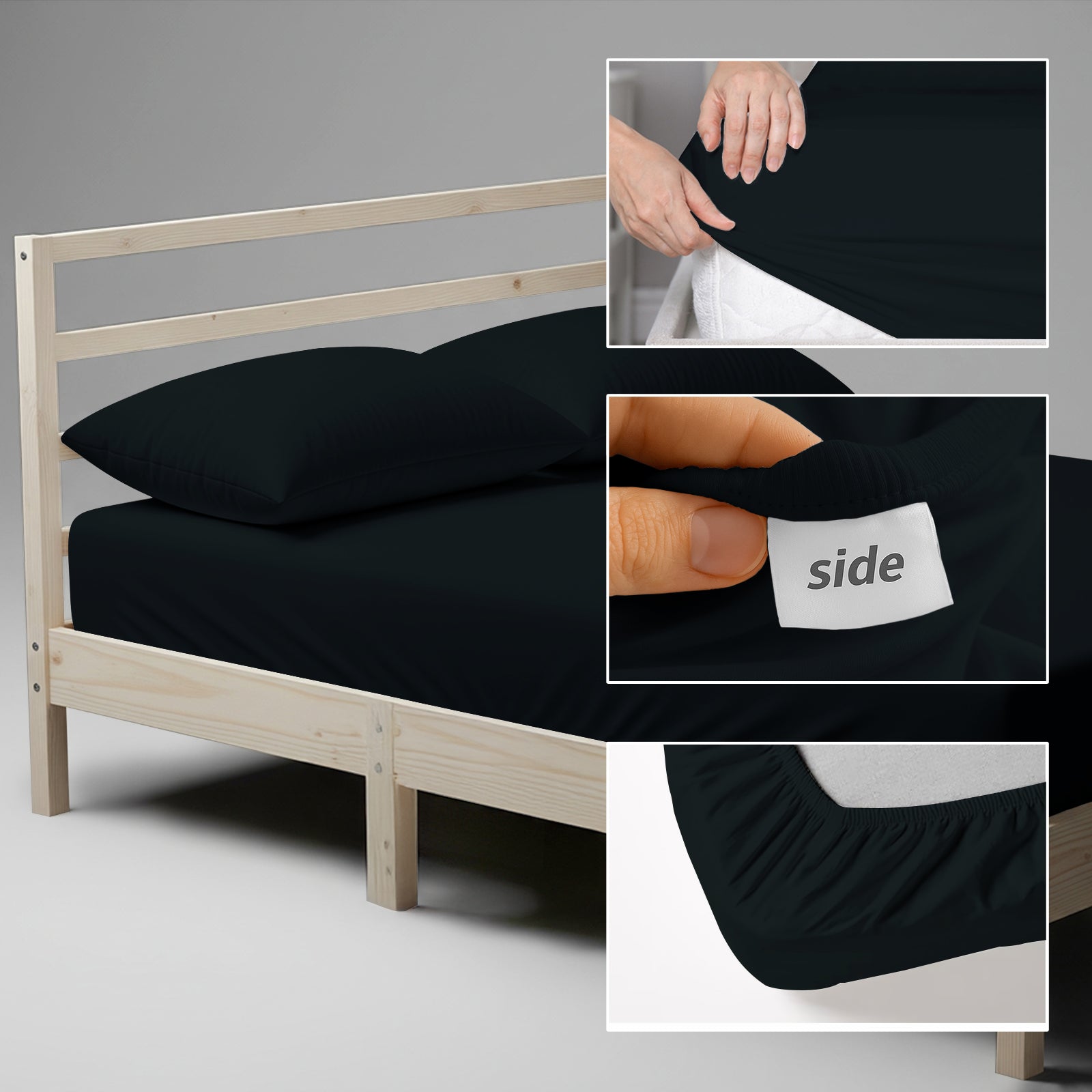 Black super king fitted sheet 800 thread count with 40 cm deep pockets Smart Side tag 360 fit