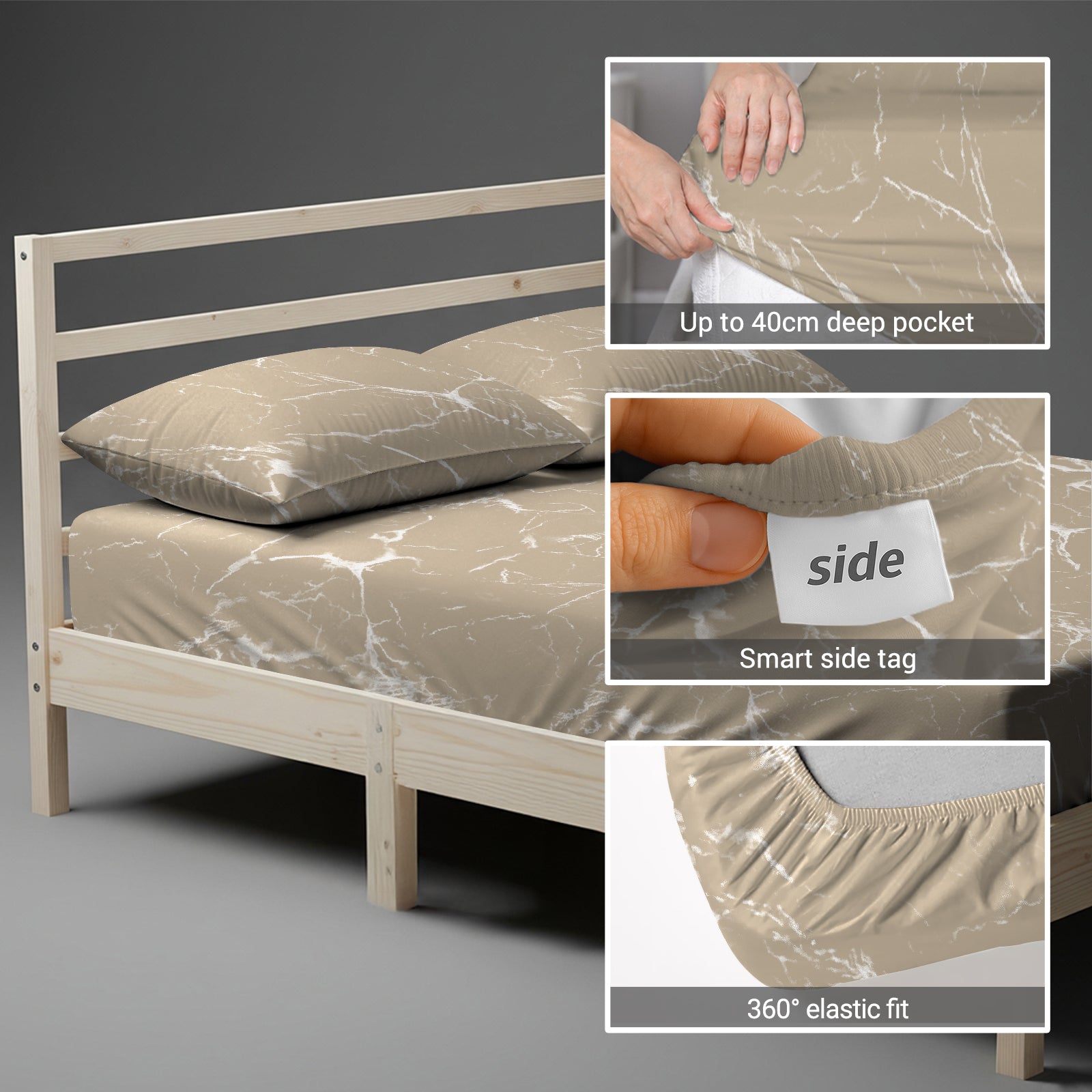 Small single size fitted cotton bedsheet marble taupe 400 thread count with 40 cm deep pockets and SmartSide tag