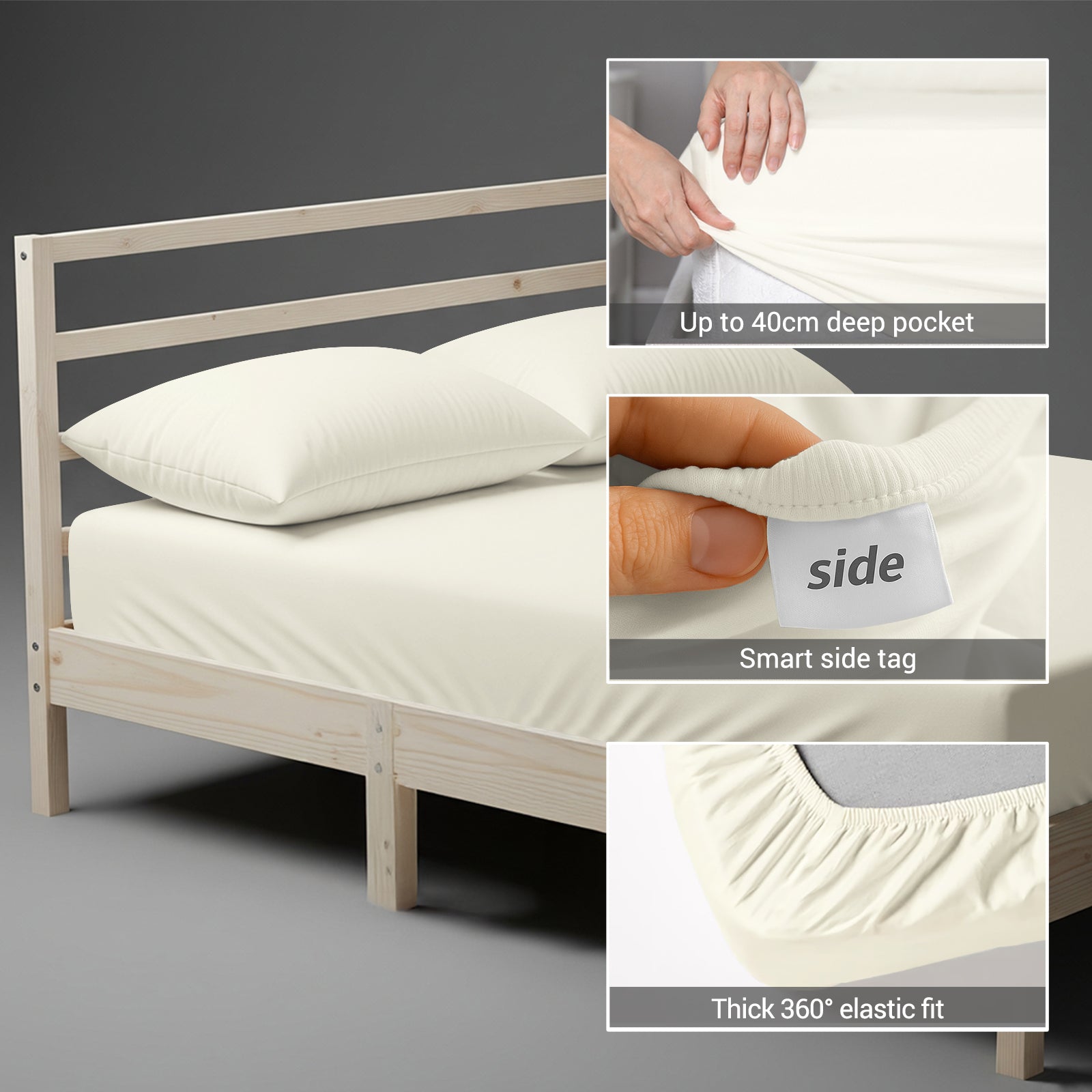 king-150-x-200-cm size fitted cotton bedsheet Off White 400 thread count with 40 cm deep pockets and SmartSide tag