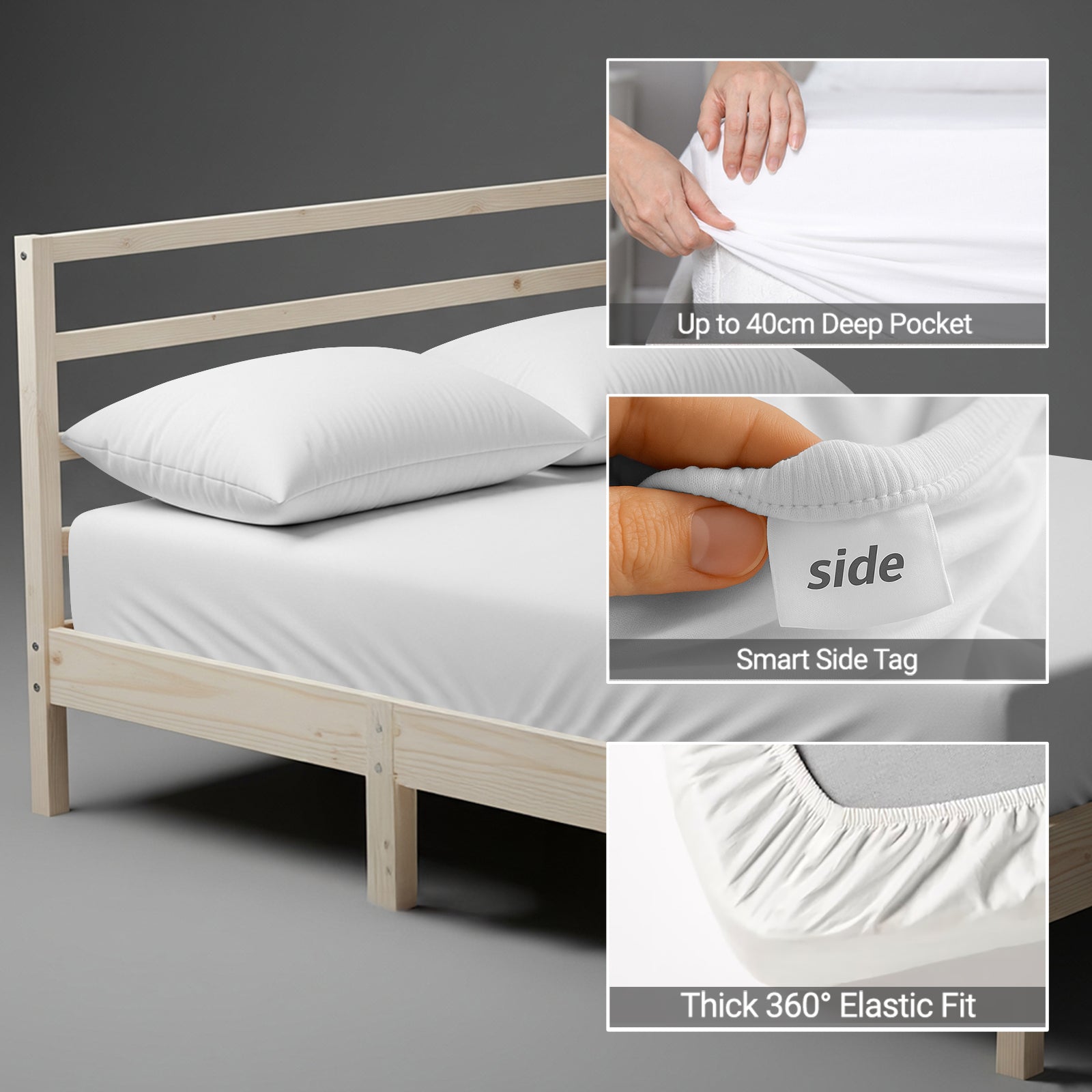 White small double size fitted sheet with 40 cm deep pockets Smart Side tag 360 elastic seamless 600 thread count