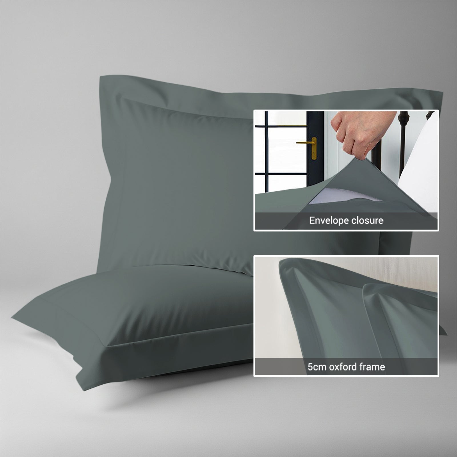 Cotton percale dark grey envelope closure pillowcases oxford king style secure fit skin friendly cotton with 5cm frame