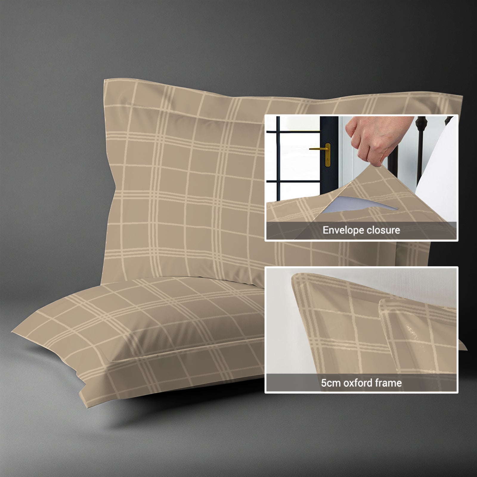 600 thread count taupe checks envelope closure pillowcases oxford king style secure fit skin friendly cotton with 5cm frame