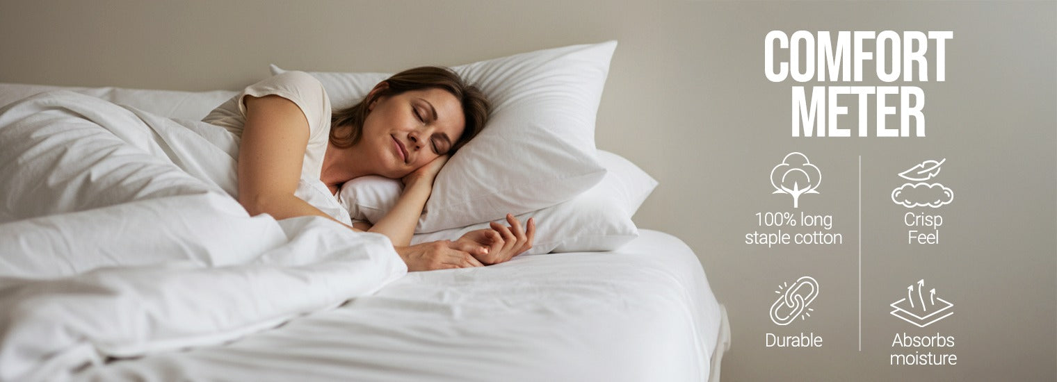 Pizuna comfort meter ,100% long staple cotton bedding with crisp feel, durable fabric and high moisture absorbency for long-lasting luxury comfort.