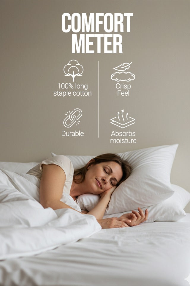 Pizuna comfort meter ,100% long staple cotton bedding with crisp feel, durable fabric and high moisture absorbency for long-lasting luxury comfort.