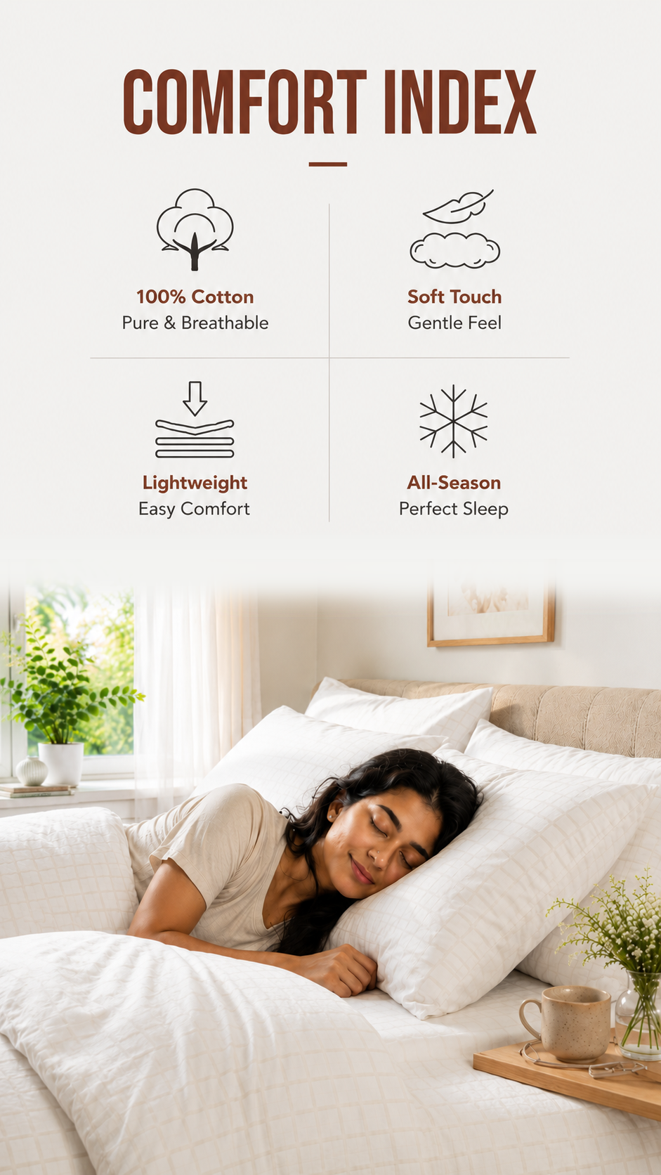 Woman sleeping comfortably on white 100% cotton pillows — soft, lightweight and all-season comfort