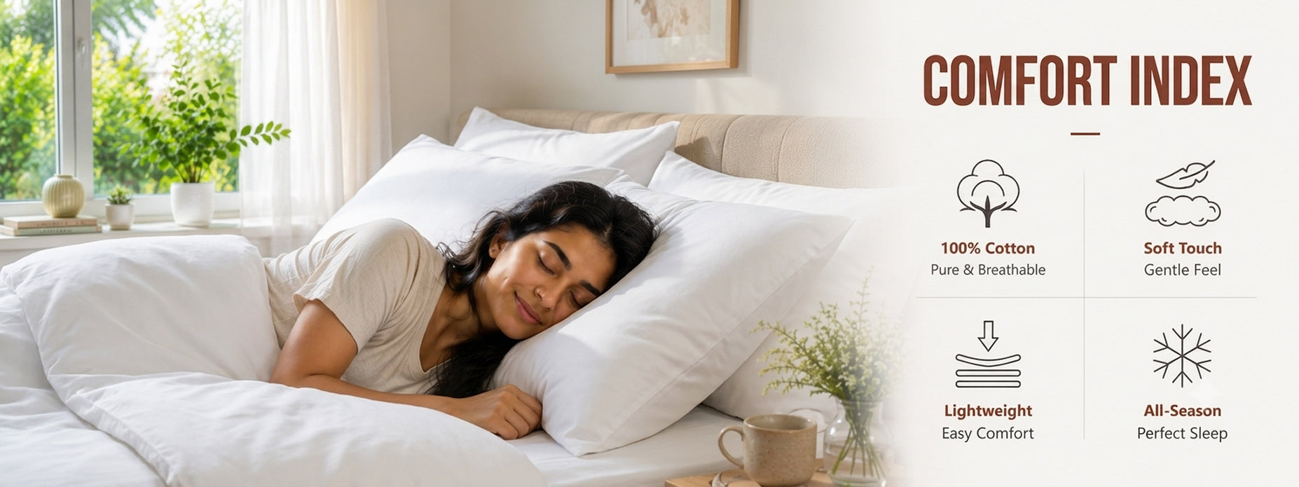 Woman sleeping comfortably on white 100% cotton pillows — soft, lightweight and all-season comfort